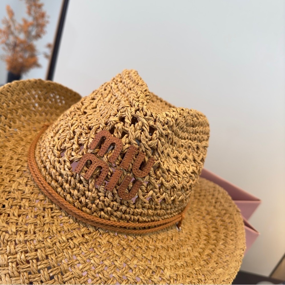 Miu Miu Raffia Straw Cowboy Hat w/ Logo - Picture 6 of 8